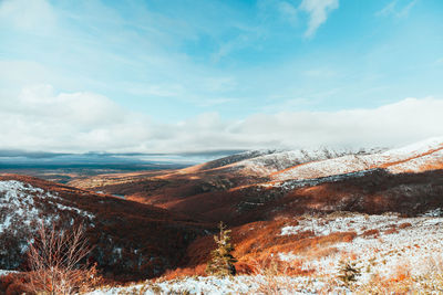 Scenic view of snowcapped mountains against sky