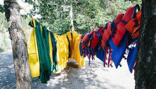 Colorful clothes hanging on clothesline