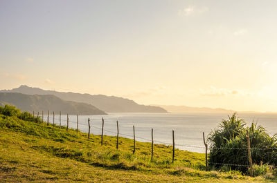 Railing on grassy field by sea against sky during sunset at batanes