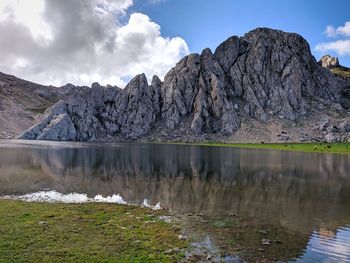 Scenic view of lake and mountains against sky