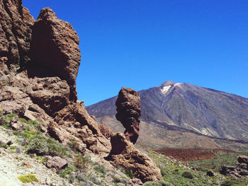 Scenic view of mountains against clear blue sky