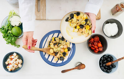 High angle view of breakfast on table