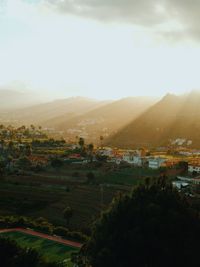 High angle view of townscape against sky during sunset