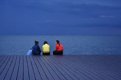 Rear view of people sitting on sea shore against sky
