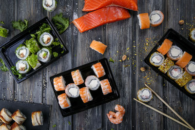 High angle view of sushi on table