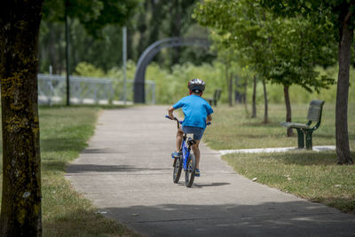 Rear view of boy riding bicycle at park