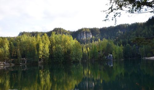 Scenic view of lake by trees against sky
