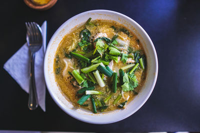 High angle view of soup in bowl