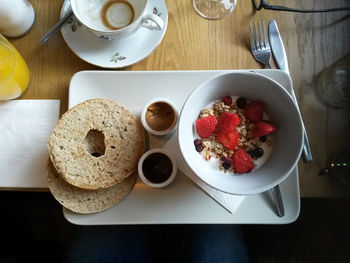 Directly above shot of breakfast in tray on table