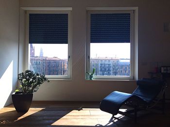 Empty lounge chair with houseplant against window at home