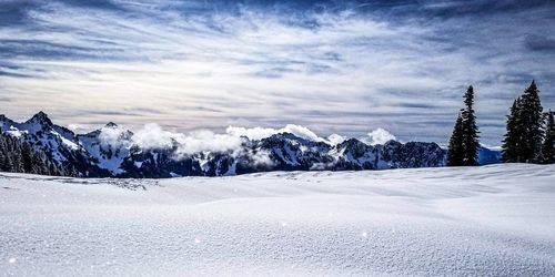 Scenic view of snowcapped mountains against sky