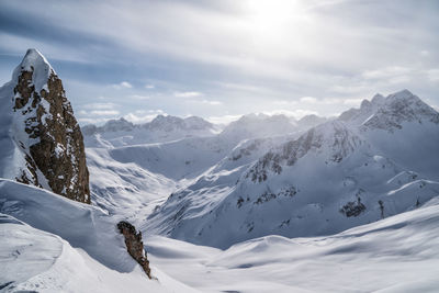 Scenic view of snow covered mountains against sky
