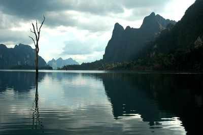 Scenic view of lake and mountains against sky