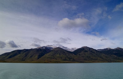 Scenic view of lake and mountains against sky