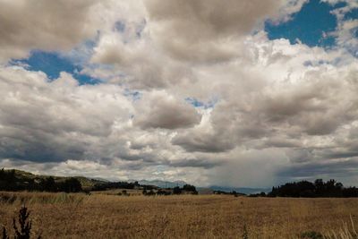 Scenic view of field against cloudy sky