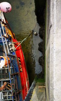 High angle view of boats moored in river