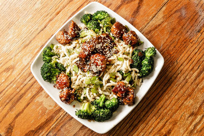 High angle view of salad in bowl on table