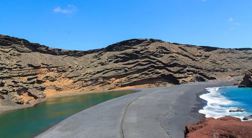 Scenic view of mountain against blue sky