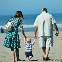 Rear view of family walking on beach
