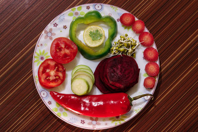 High angle view of fruits in plate on table