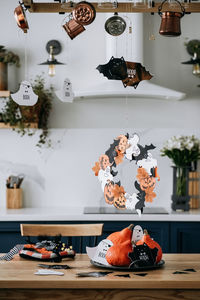 Halloween's decoration wreath and garland for celebration. home preparations for halloween