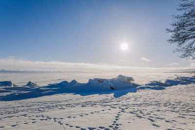 Scenic view of snow covered mountains against sky