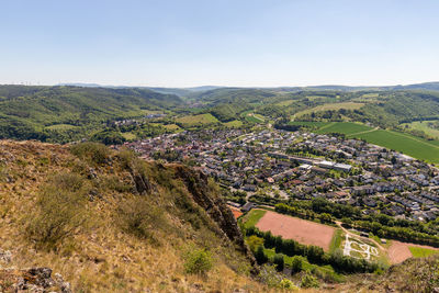 High angle view from the rotenfels of bad muenster am stein ebernburg with rocks in the foreground