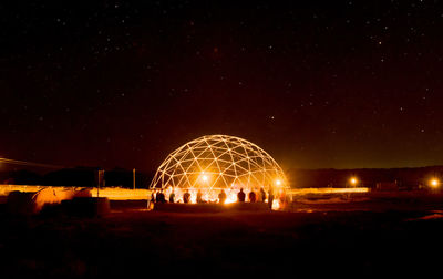 Illuminated ferris wheel on field against sky at night