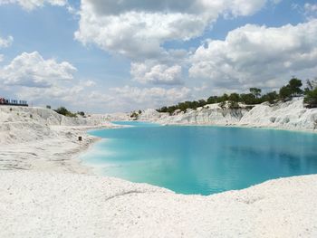 Scenic view of lake against cloudy sky