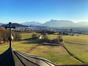 Scenic view of agricultural field against clear sky