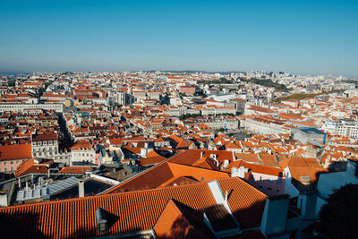 High angle view of city against blue sky