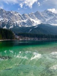 Scenic view of lake by snowcapped mountains against sky