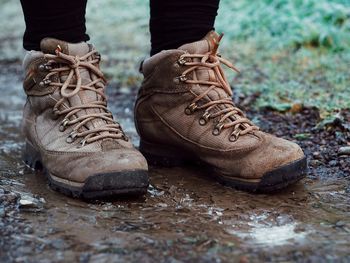 Low section of person standing in puddle at forest