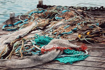 High angle view of fishing net at harbor