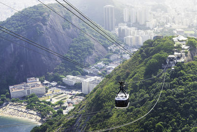 High angle view of overhead cable cars and buildings in city