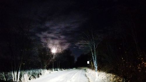 Road amidst trees during winter at night