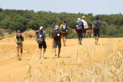 Rear view of people walking on dirt road