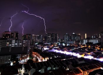 Aerial view of illuminated cityscape against sky at night