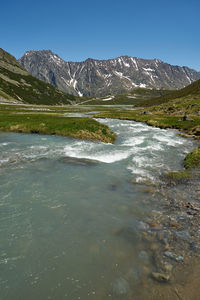 Scenic view of lake and mountains against sky