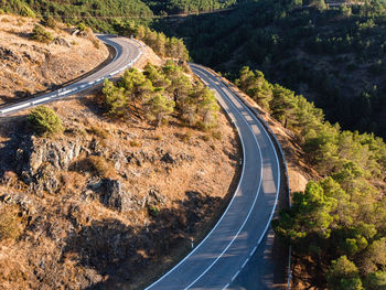 High angle view of winding road amidst trees