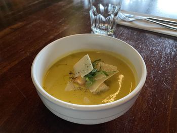 High angle view of soup in bowl on table