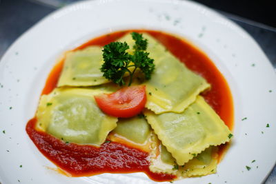 High angle view of breakfast served in plate