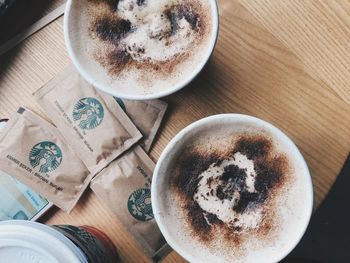 High angle view of coffee cup on table