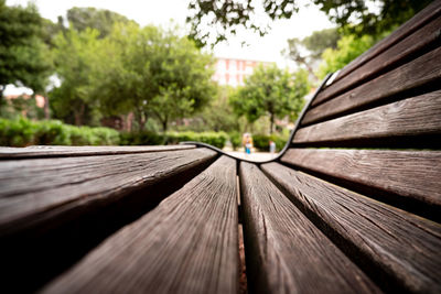 Surface level of wooden plank against trees