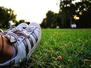 Close-up of shoes on field
