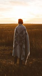 Rear view of man on field at sunset