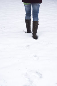 Low section of woman walking in snow