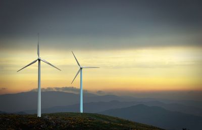 Wind turbines against sky during sunset