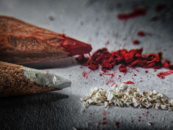 High angle view of red chili peppers on table