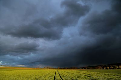 Scenic view of field against cloudy sky